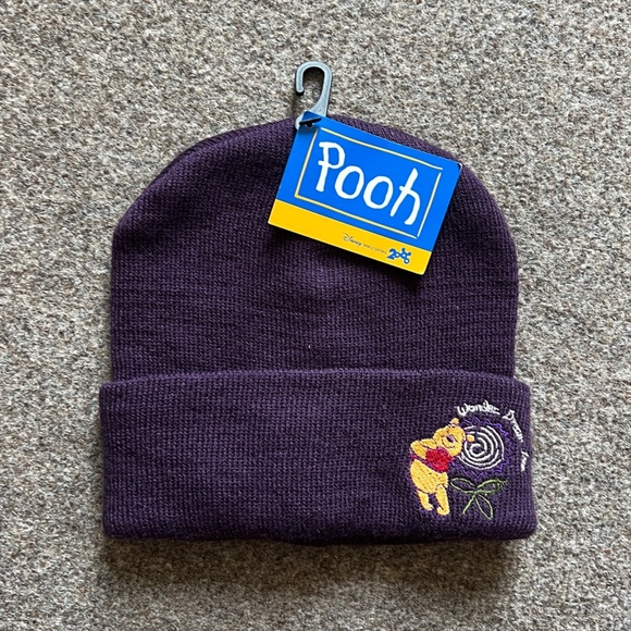 NWT 2000s Vintage Winnie The Pooh Purple Knit Beanie Embroidered Cuffed Hat Y2K - Picture 1 of 8
